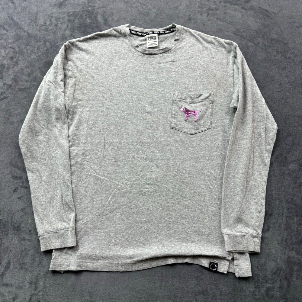 Pink Victoria's Secret Long Sleeve Pocket Tee Gray Sequin Dog XS